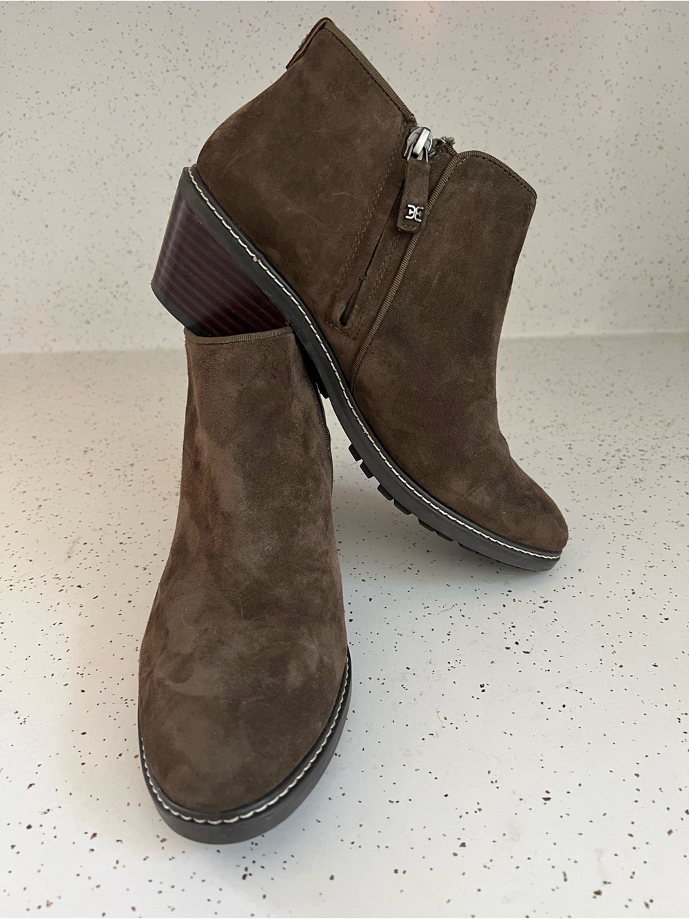 Sam Edelman Brown Suede Ankle Booties with Stacked Heel